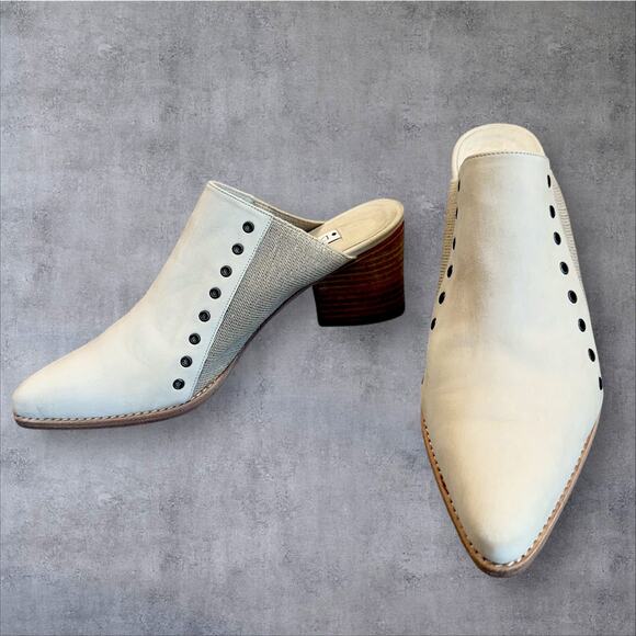 Donald J Pliner Leather Block Heel Mules Western Slides Women Size 7 Beige Spain - Picture 1 of 12